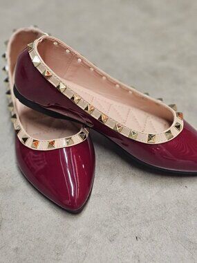 Studded Burgundy Patent Leather Flats With Pointed Toe & Quilted Insole